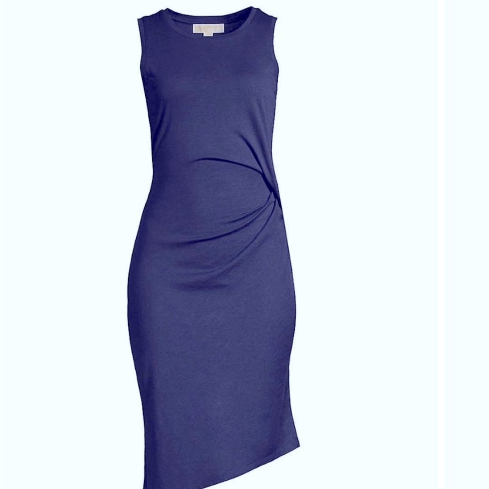 MICHAEL KORS DRESS NAVY BLUE SOLID COLOR SLEEVELESS CREWNECK DRAPED SIZE X SMALL